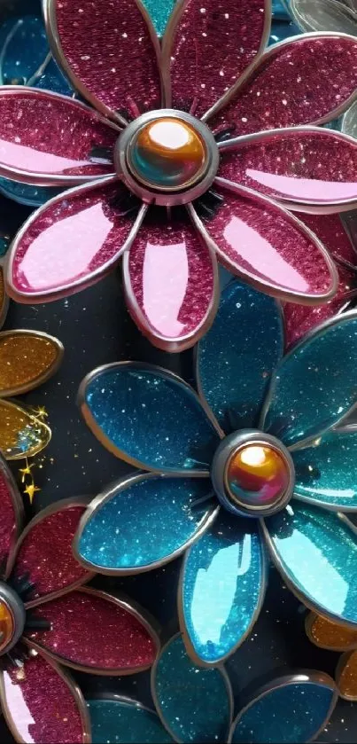 Colorful, sparkly floral wallpaper with multicolored flowers.