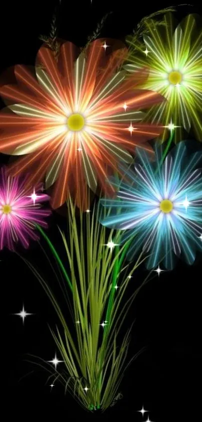 Vibrant neon flowers glowing on a black background in colorful array.