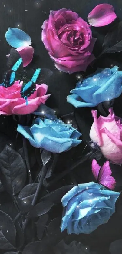 Enchanting blue and pink roses with butterflies on a dark background.