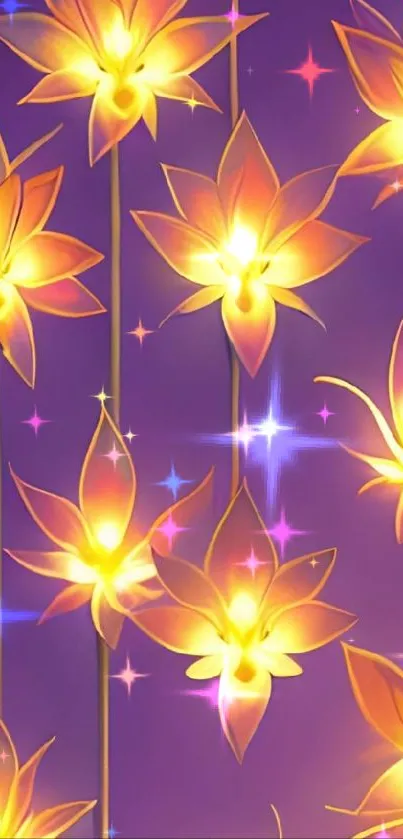 Vibrant glowing floral wallpaper with purple background.