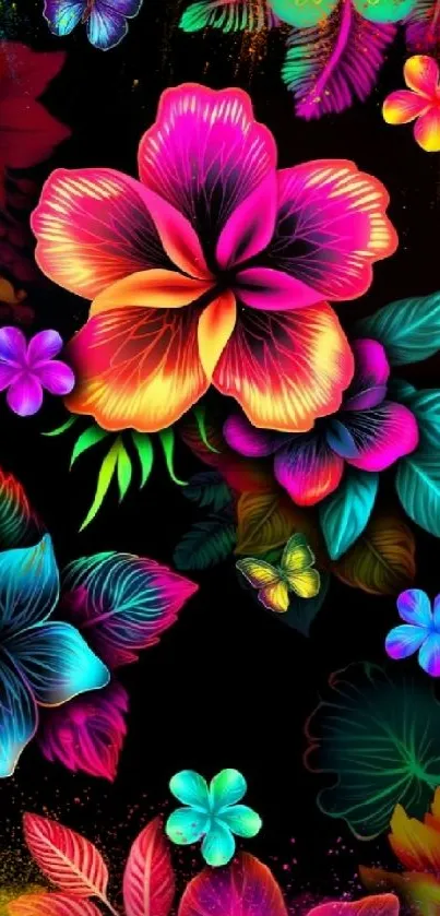 Vibrant floral wallpaper with glowing flowers and butterflies on black background.