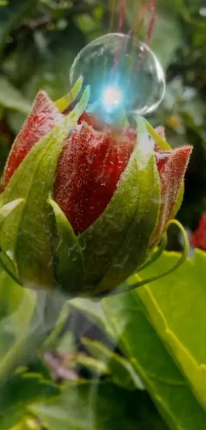 Close-up of a dewy red flower bud against lush green leaves.