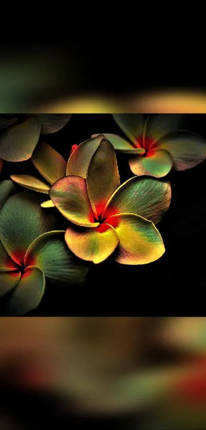 Vibrant flowers with glowing petals against a dark background.