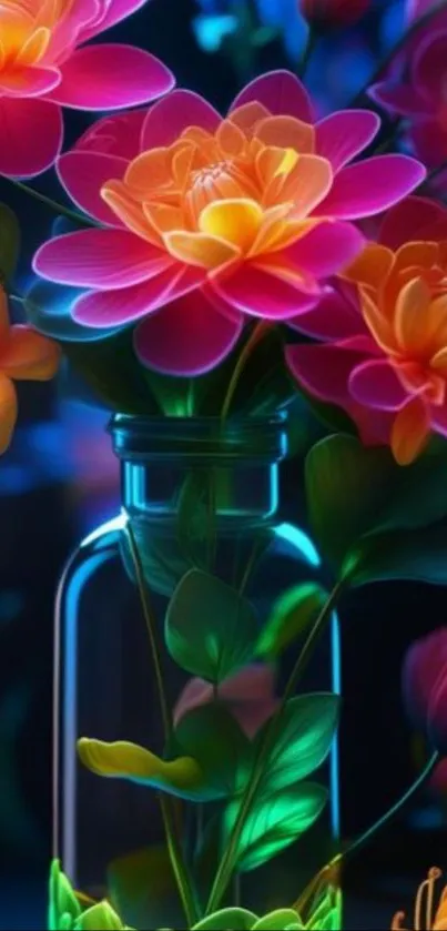 Vibrant floral design with glowing flowers in a glass vase.