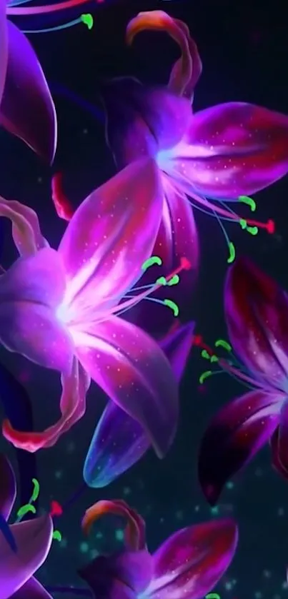 Vibrant neon lilies glow on a dark background.