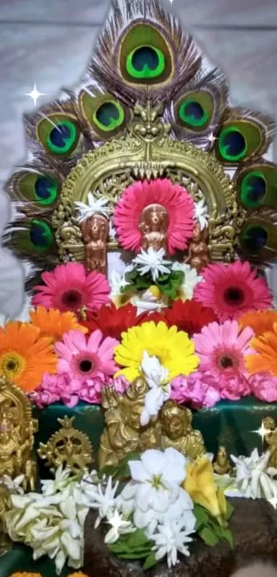 Colorful flower altar with god sculpture.