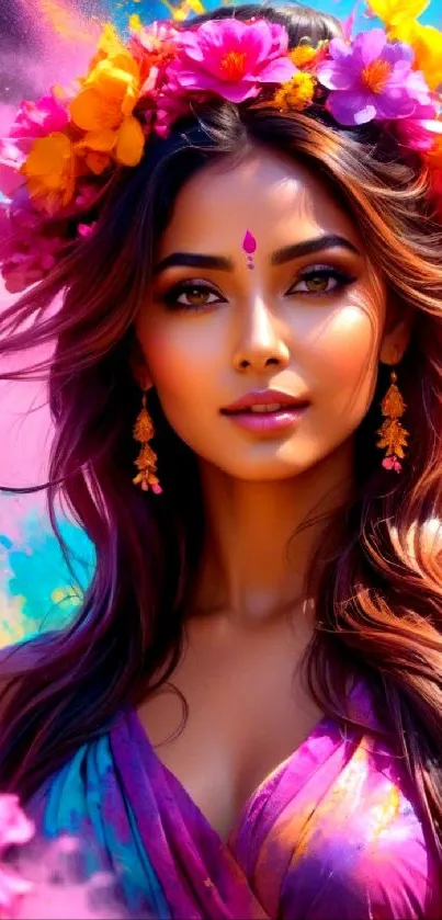 Vibrant mobile wallpaper with floral art and elegant woman.