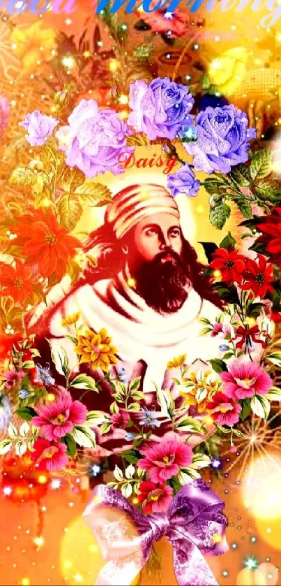 Good morning vibrant floral wallpaper with serene figure and golden background.