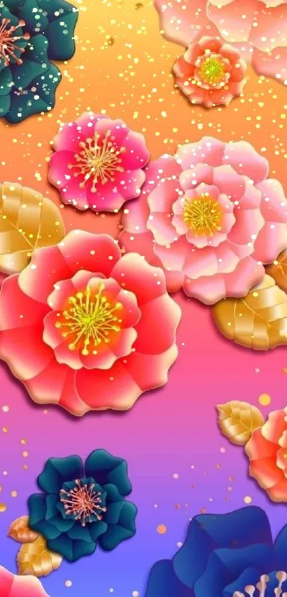 Vibrant floral wallpaper with colorful gradient background.