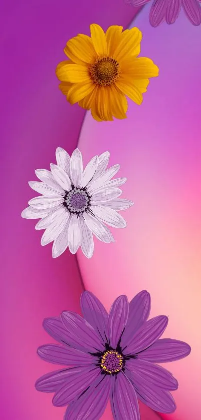 Floral wallpaper with colorful blooms on a vibrant pink gradient background.