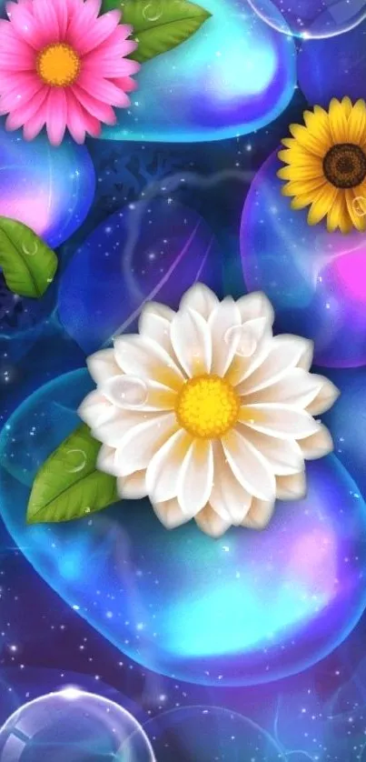 Vibrant phone wallpaper with colorful flowers and a gradient background.