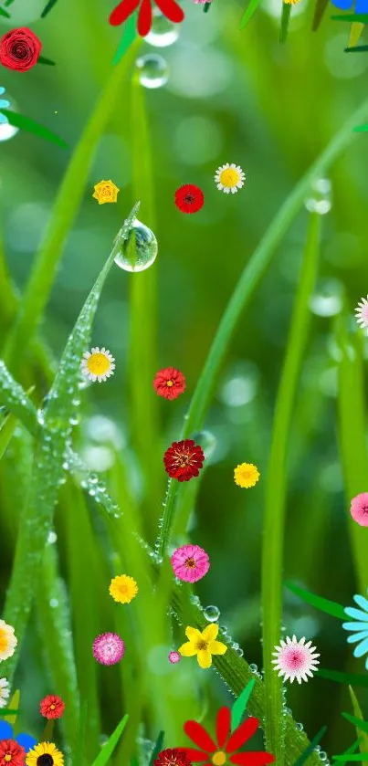 Green grass with colorful flowers and dewdrops mobile wallpaper.