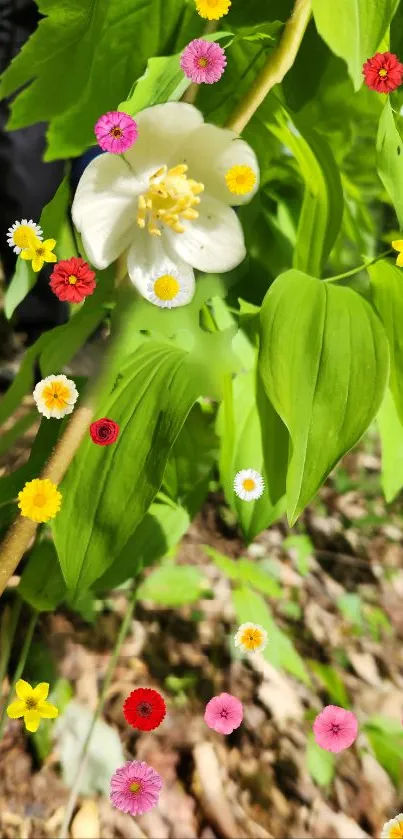 Vibrant green wallpaper with colorful blossoms and lush leaves.