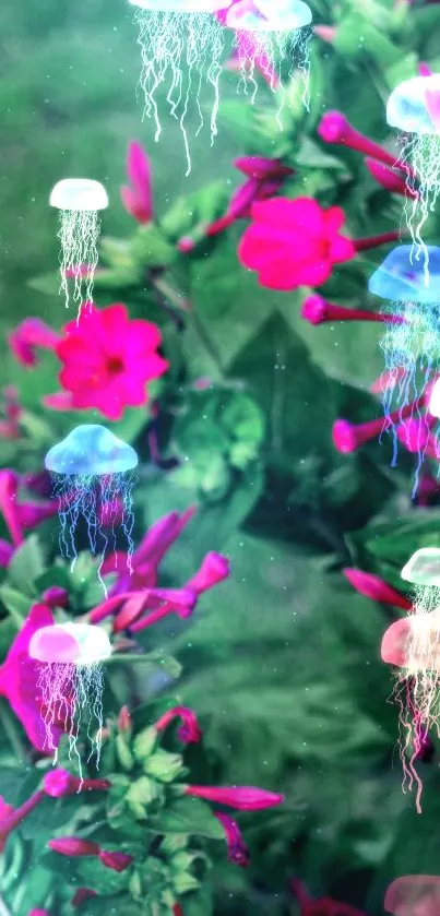 Vibrant pink flowers among lush green foliage creating a vivid nature scene.
