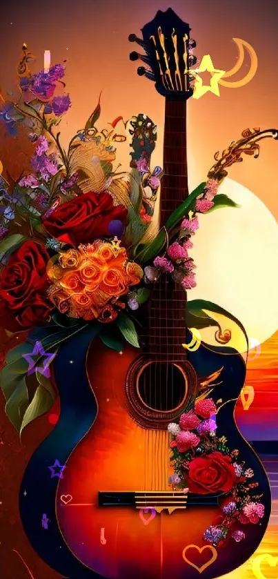 Colorful guitar with floral accents against a sunset background.