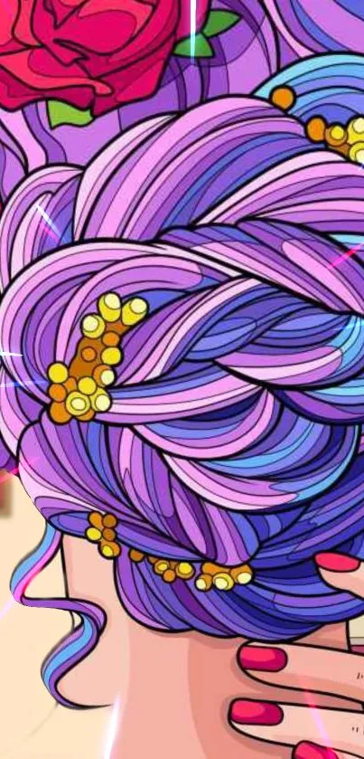 Vibrant and colorful floral hair art illustration with purple hues.