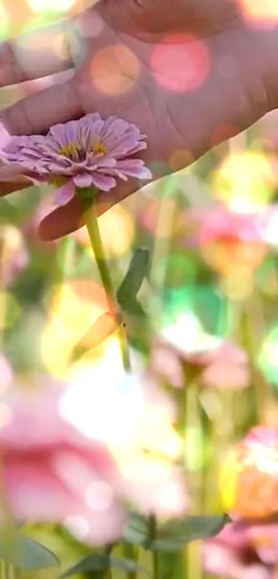 Hand touching pink flowers amidst colorful blooms with bokeh effect.