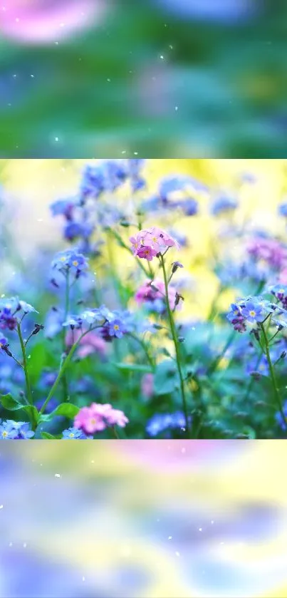 Vibrant blue and pink flowers in a dreamy nature setting.