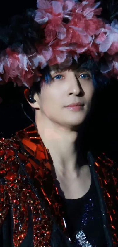 A person adorned with a vibrant flower hat and sparkling red attire.