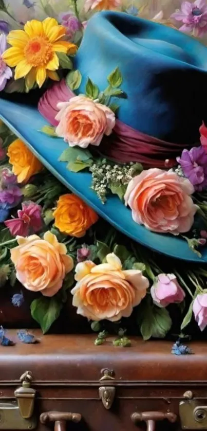 Blue hat with vibrant flowers and vintage suitcase.