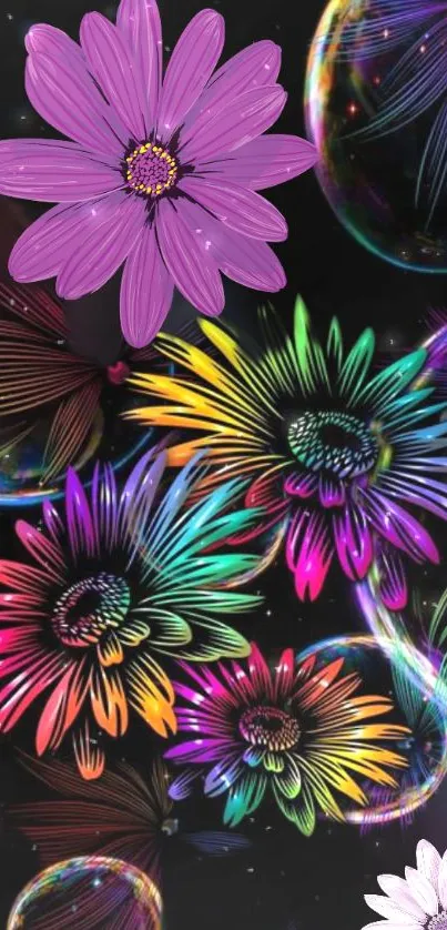 Abstract floral wallpaper with vivid colors and glowing bubbles.