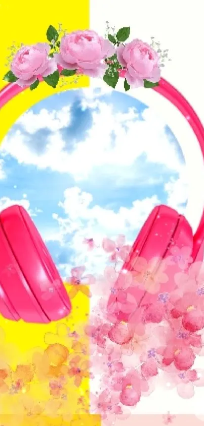 Vibrant pink headphones with a floral and musical theme on a yellow background.