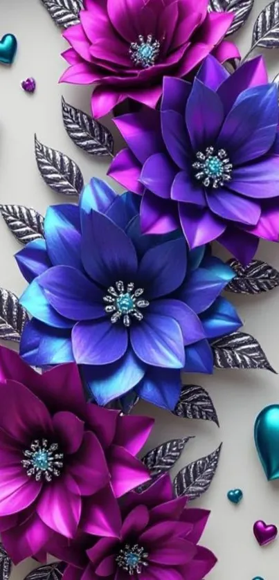 Vibrant purple and blue flowers with hearts design.