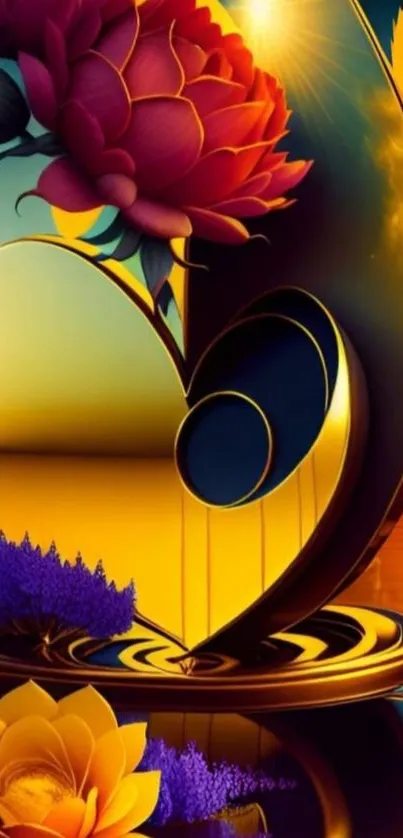 Vibrant floral heart with abstract design and warm colors.