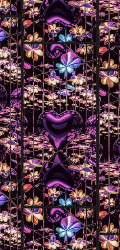 Colorful heart and floral pattern wallpaper, vibrant and decorative design.