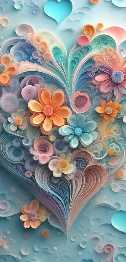 Intricate floral heart wallpaper with vibrant blue and pastel colors.