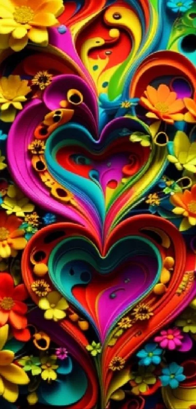 Vibrant floral heart wallpaper with colorful swirls and flowers.