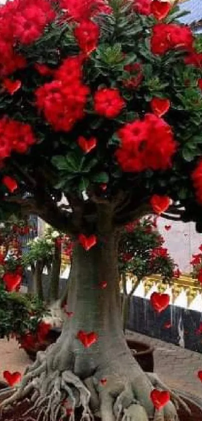 Vibrant tree with red flowers and hearts.