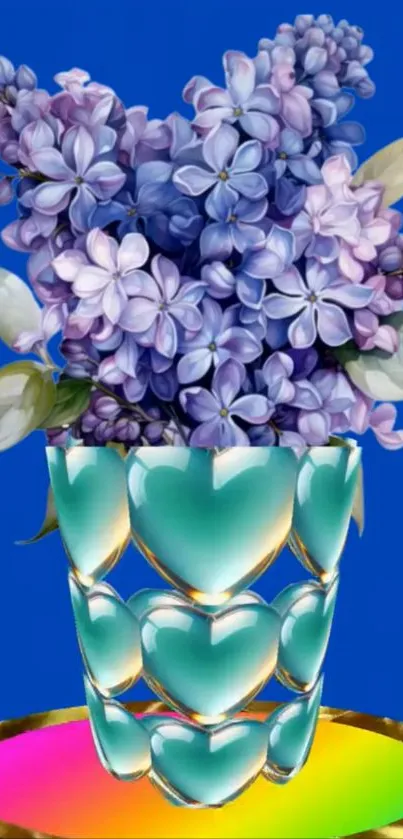 Vibrant lilacs in a heart-shaped vase on blue background.