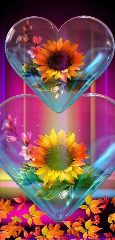 Sunflowers encased in glowing heart with vibrant colors and gradient background.