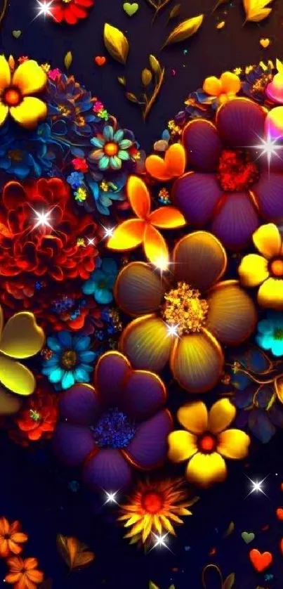 Vibrant floral heart with colorful blooms on a dark background.