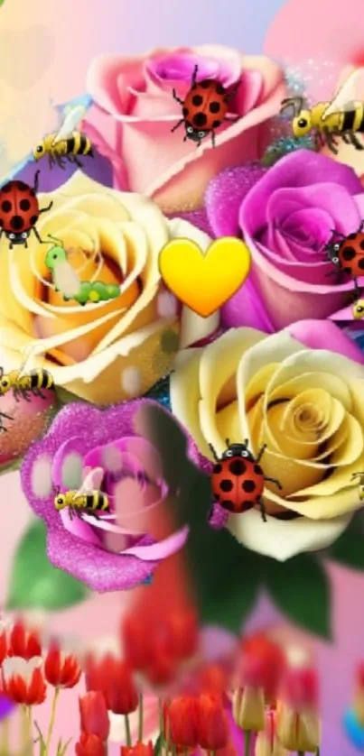 Vibrant mobile wallpaper with roses, ladybugs, bees, and a heart.