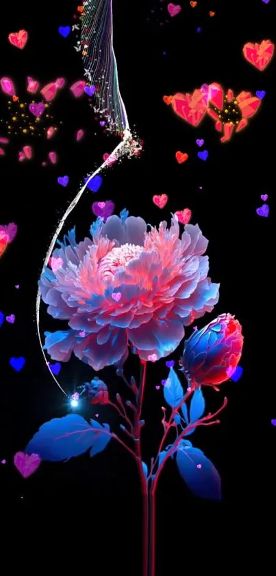 Vibrant flower wallpaper with glowing hearts on a dark background.