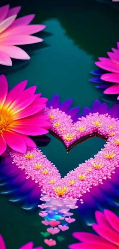 Vibrant pink flowers form a heart on a green background.