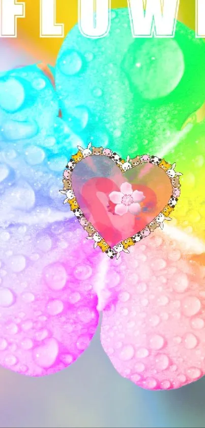 Colorful flower with water droplets and a heart, vibrant mobile wallpaper.