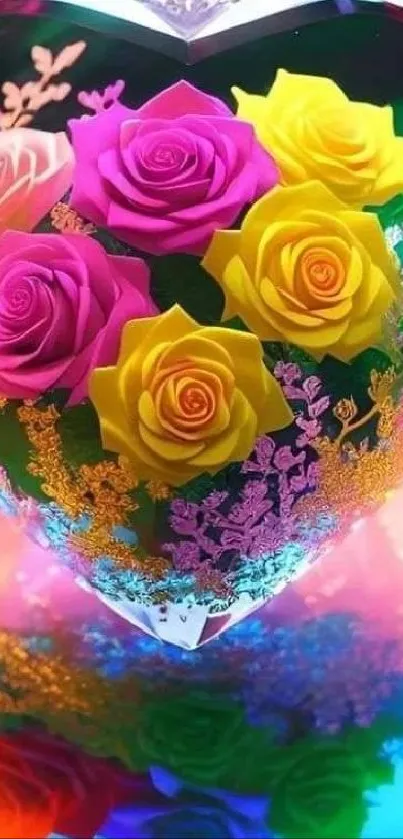 Heart-shaped floral design with colorful roses and neon lights.