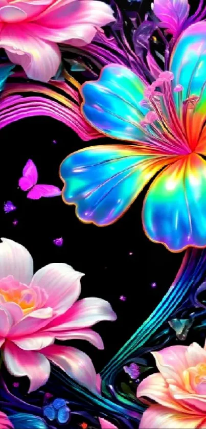 Vibrant neon floral wallpaper with colorful butterflies and petals.