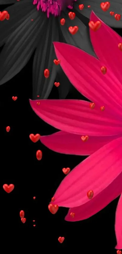 Vibrant wallpaper with pink flowers and red hearts on a black background.