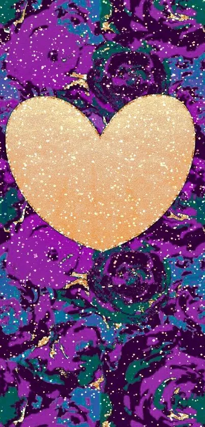 Vibrant wallpaper featuring a golden heart over a purple floral pattern.