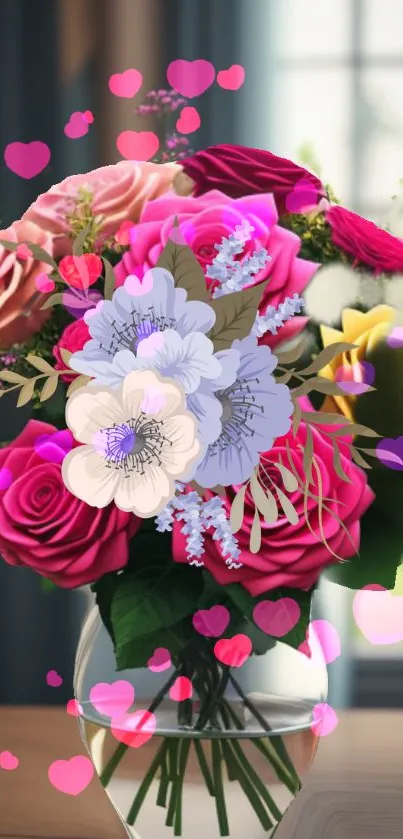 A bouquet of vibrant roses with hearts on a blurred background.