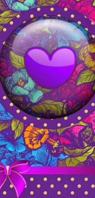 Colorful floral heart wallpaper with purple accents and vibrant flowers.