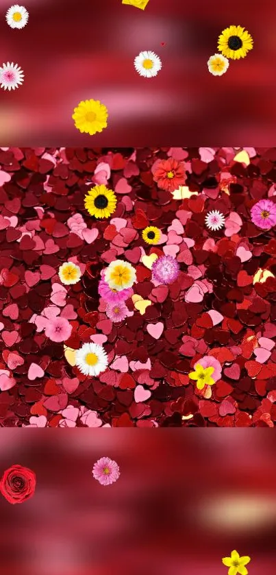 Colorful flower and red heart wallpaper with vibrant design.