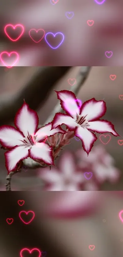 Pink and white flowers with glowing heart accents on wallpaper.