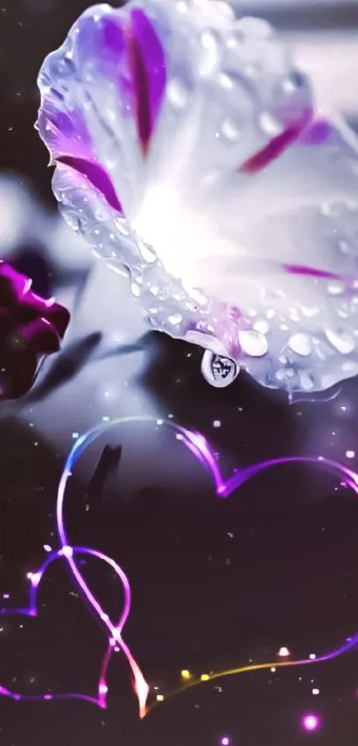 Purple flower with glowing hearts on a dark background wallpaper.