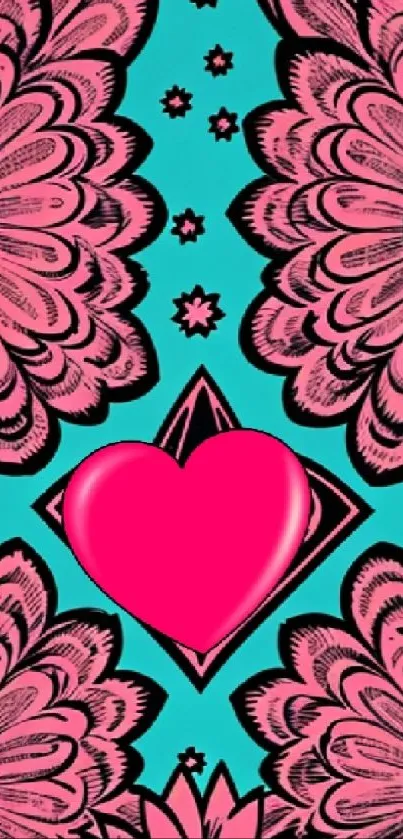 Vibrant aqua wallpaper with pink floral and heart design.