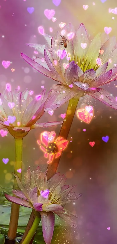 Lotus flowers with glowing hearts wallpaper on mobile